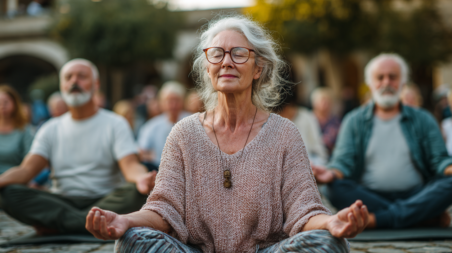 Grup de seniori practicând yoga în aer liber, zâmbind și simțindu-se relaxați